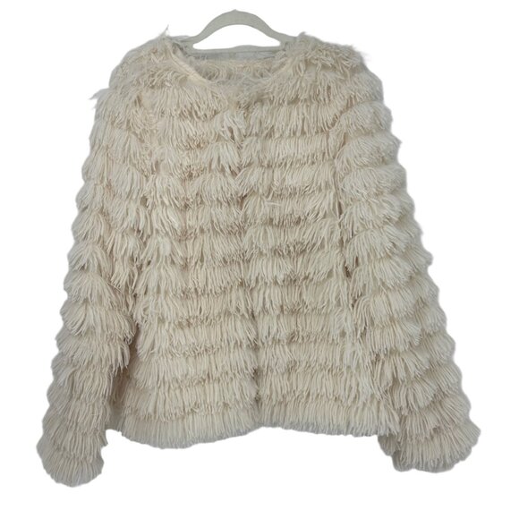 Main Strip Ivory Faux Fur Shag Fringe Jacket Size M - Picture 3 of 7